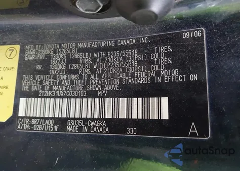 2007 Lexus Rx 350 from USA, damaged, VIN 2T2HK31UX7C030103